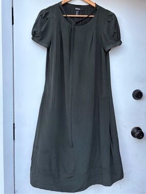DKNY Silk Dark Olive Short Sleeve A-Line Midi Dress